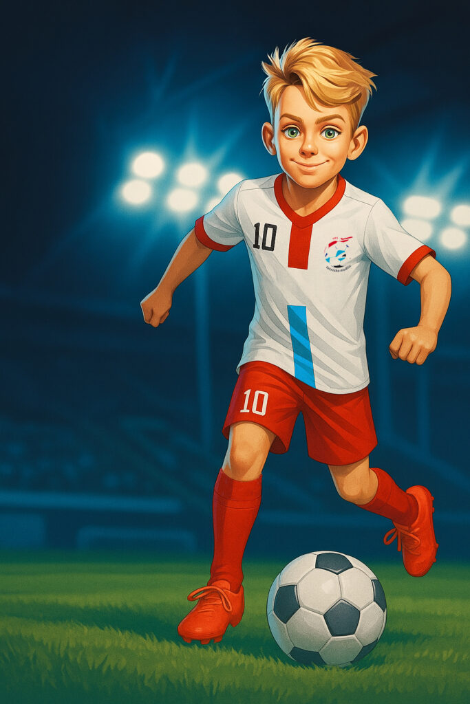 Chłopiec w stroju piłkarskim UKS Lotnisko Modlin