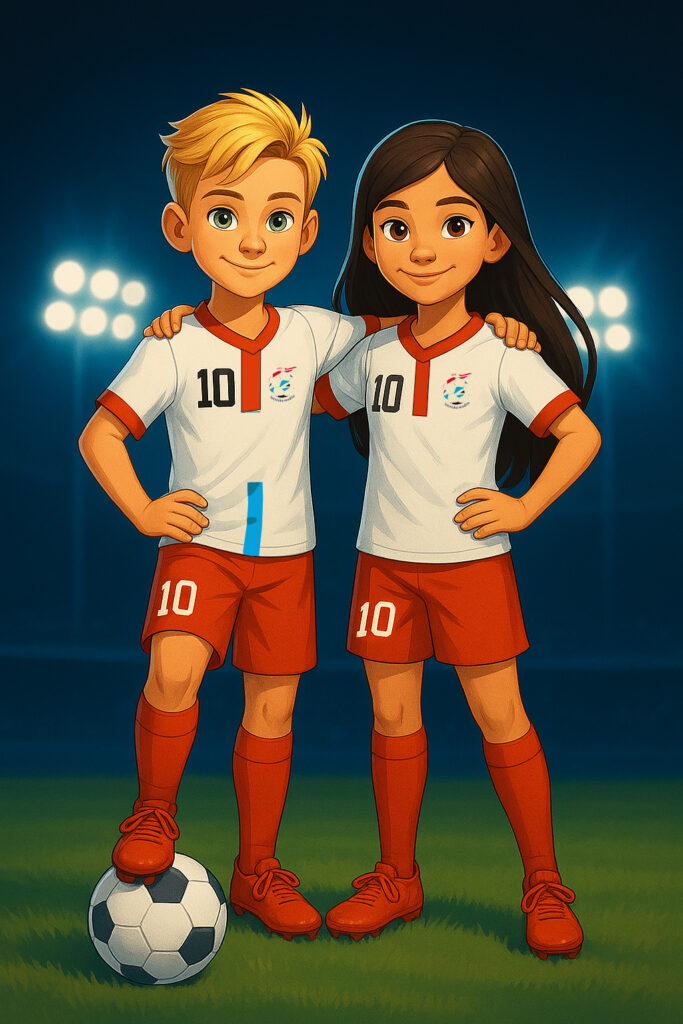 Dziewczynka i Chłopiec w strojach piłkarskich UKS Lotnisko Modlin